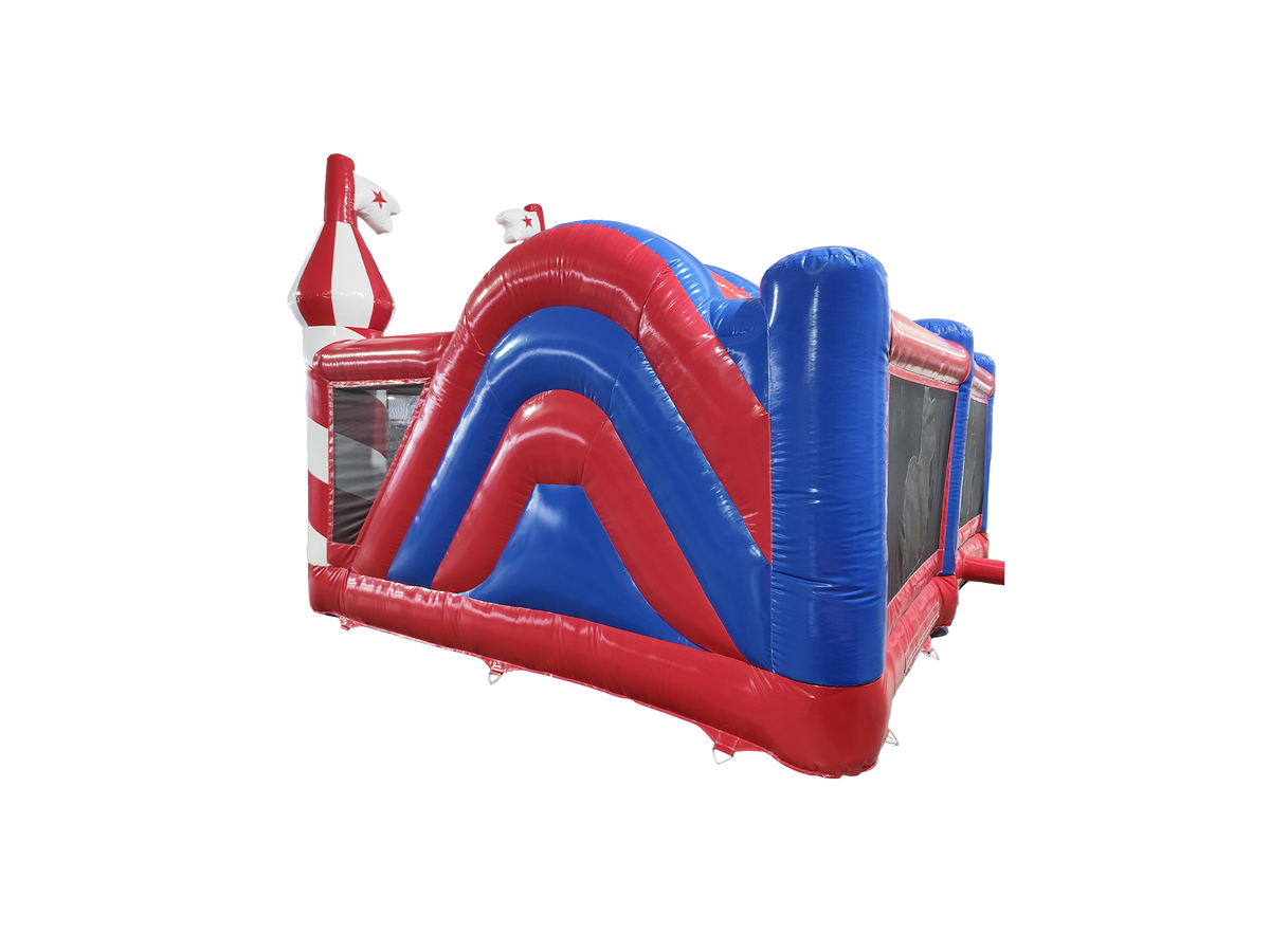 Airquee Fun Fair Multiplay inflatable with red and blue circus-themed design, featuring climbing and bounce areas.