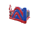 Airquee Fun Fair Multiplay inflatable with red and blue circus-themed design, featuring climbing and bounce areas.