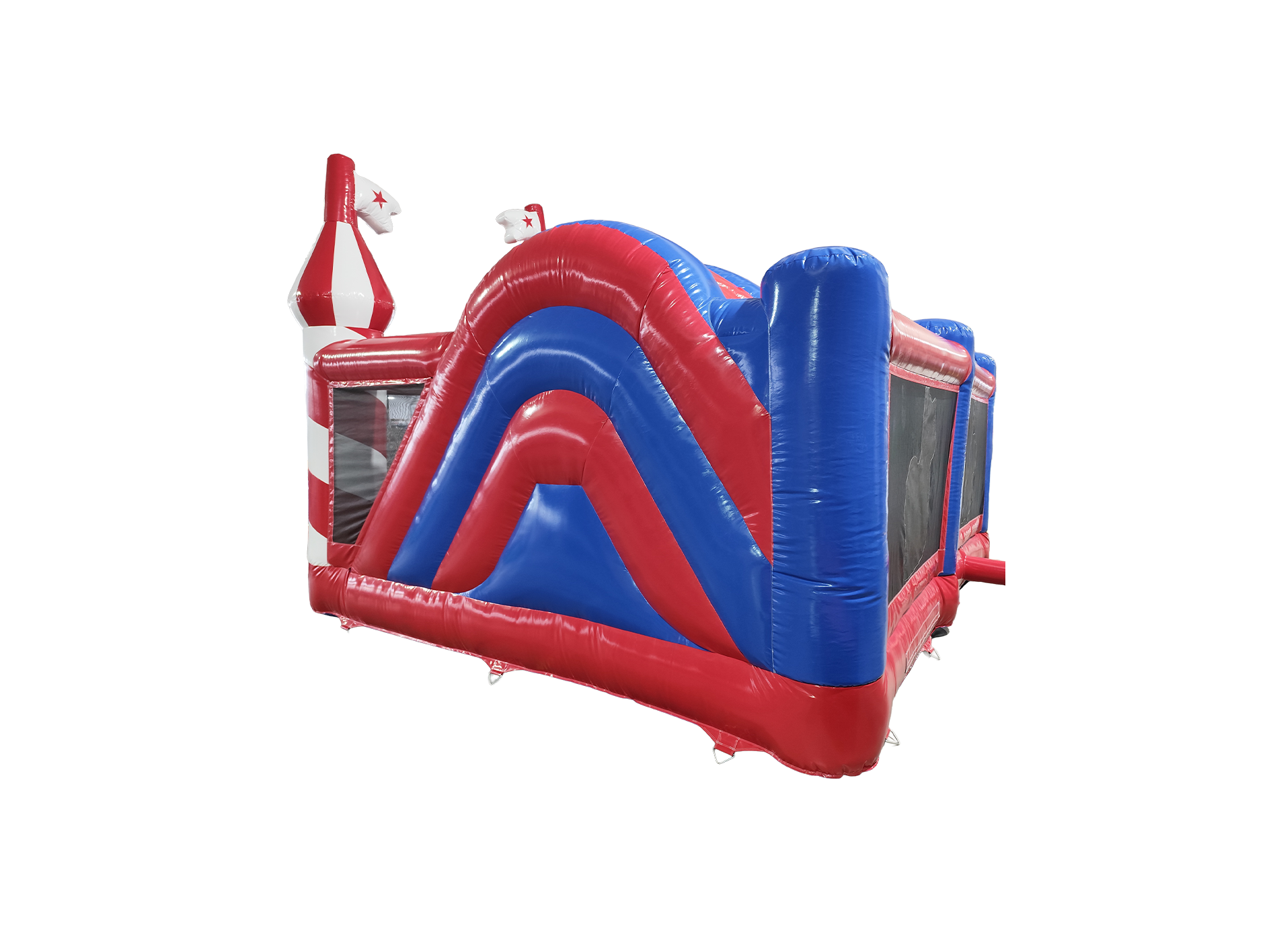 Airquee Fun Fair Multiplay inflatable with red and blue circus-themed design, featuring climbing and bounce areas.