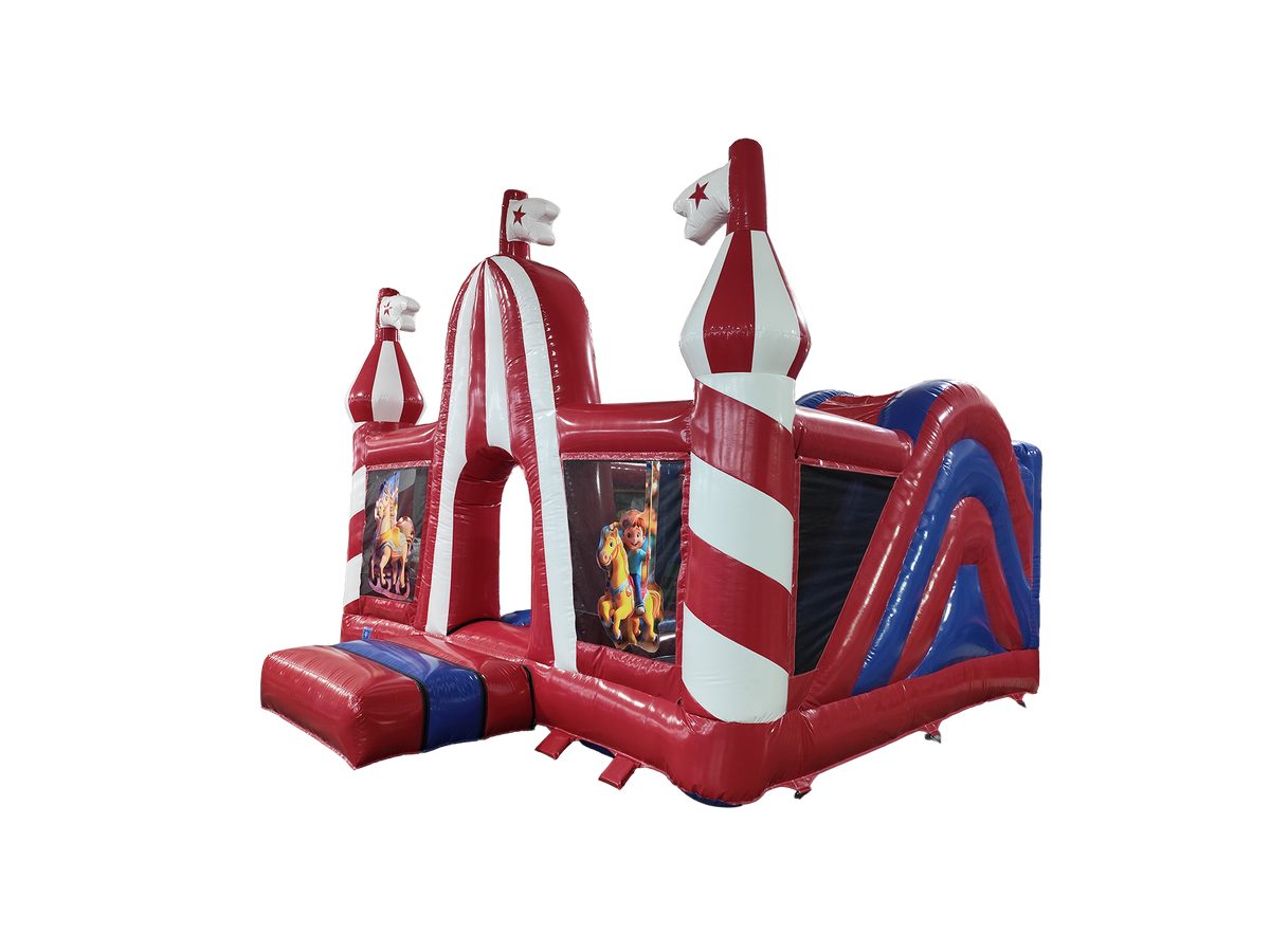 Airquee Fun Fair Multiplay inflatable with red and white circus tent design, climbing, and bouncing areas.