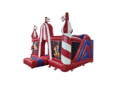 Airquee Fun Fair Multiplay inflatable with red and white circus tent design, climbing, and bouncing areas.