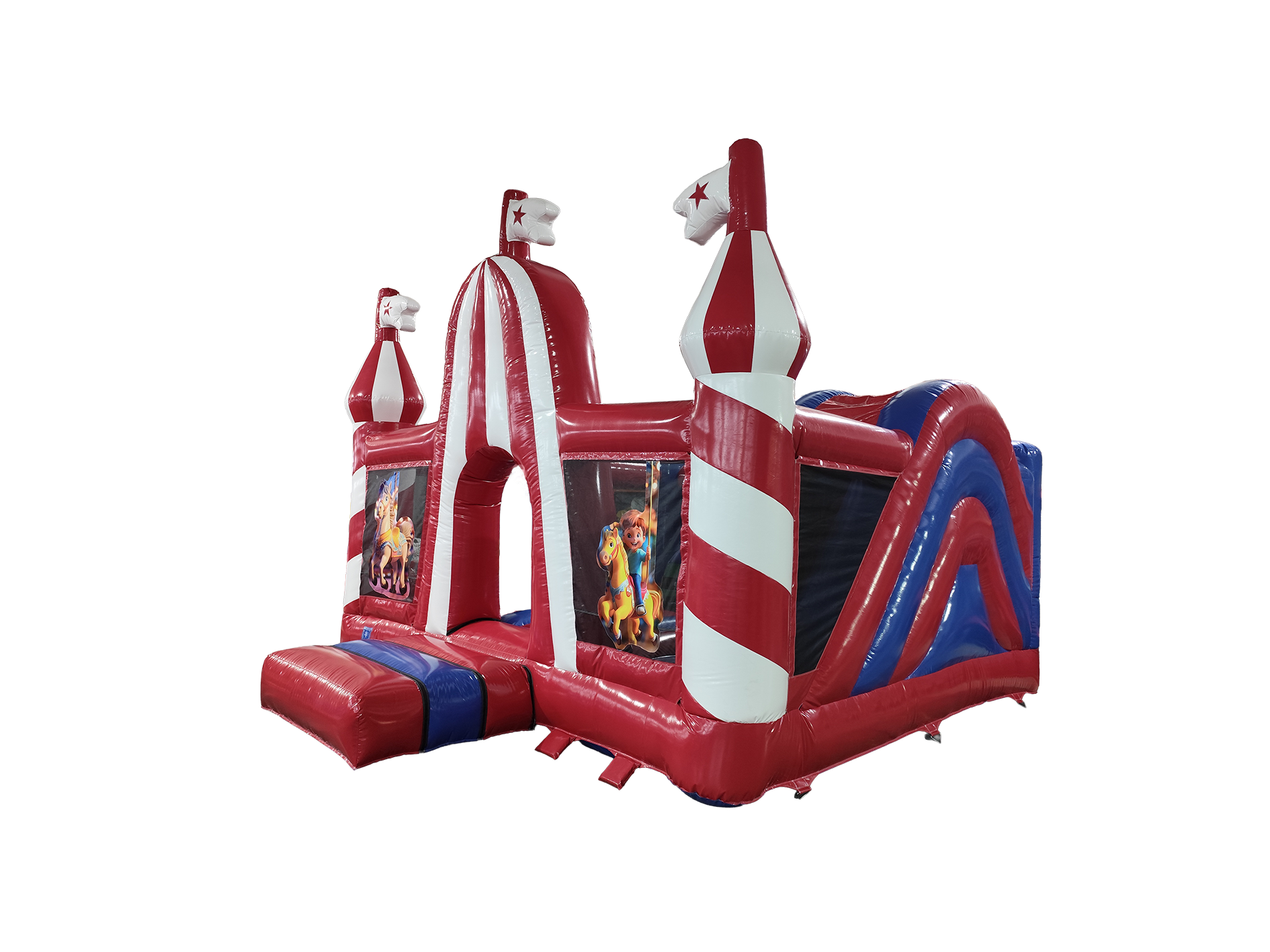 Airquee Fun Fair Multiplay inflatable with red and white circus tent design, climbing, and bouncing areas.