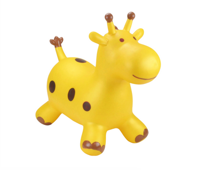 Airquee Gold Giraffe Happy Hopperz inflatable ride-on toy with brown spots and easy-grip ears for active play.