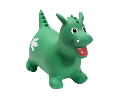 Airquee Green Dino Happy Hopperz inflatable ride-on toy with friendly face, spikes, and easy-grip horns for kids.