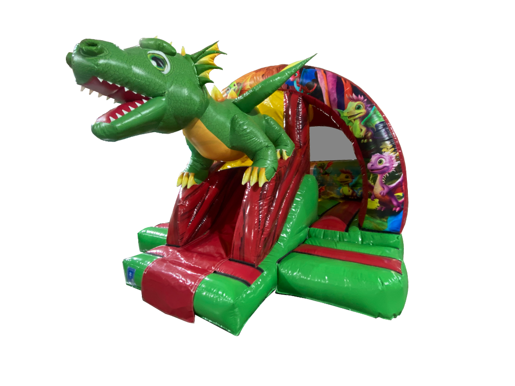 Airquee green 3D dragon inflatable bouncy castle with a curved front slide and fantasy-themed artwork.