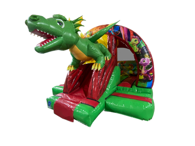 Airquee green 3D dragon inflatable bouncy castle with a curved front slide and fantasy-themed artwork.