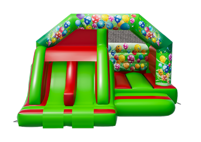 Airquee green and red inflatable party bouncy castle with twin front slides and colourful balloon artwork