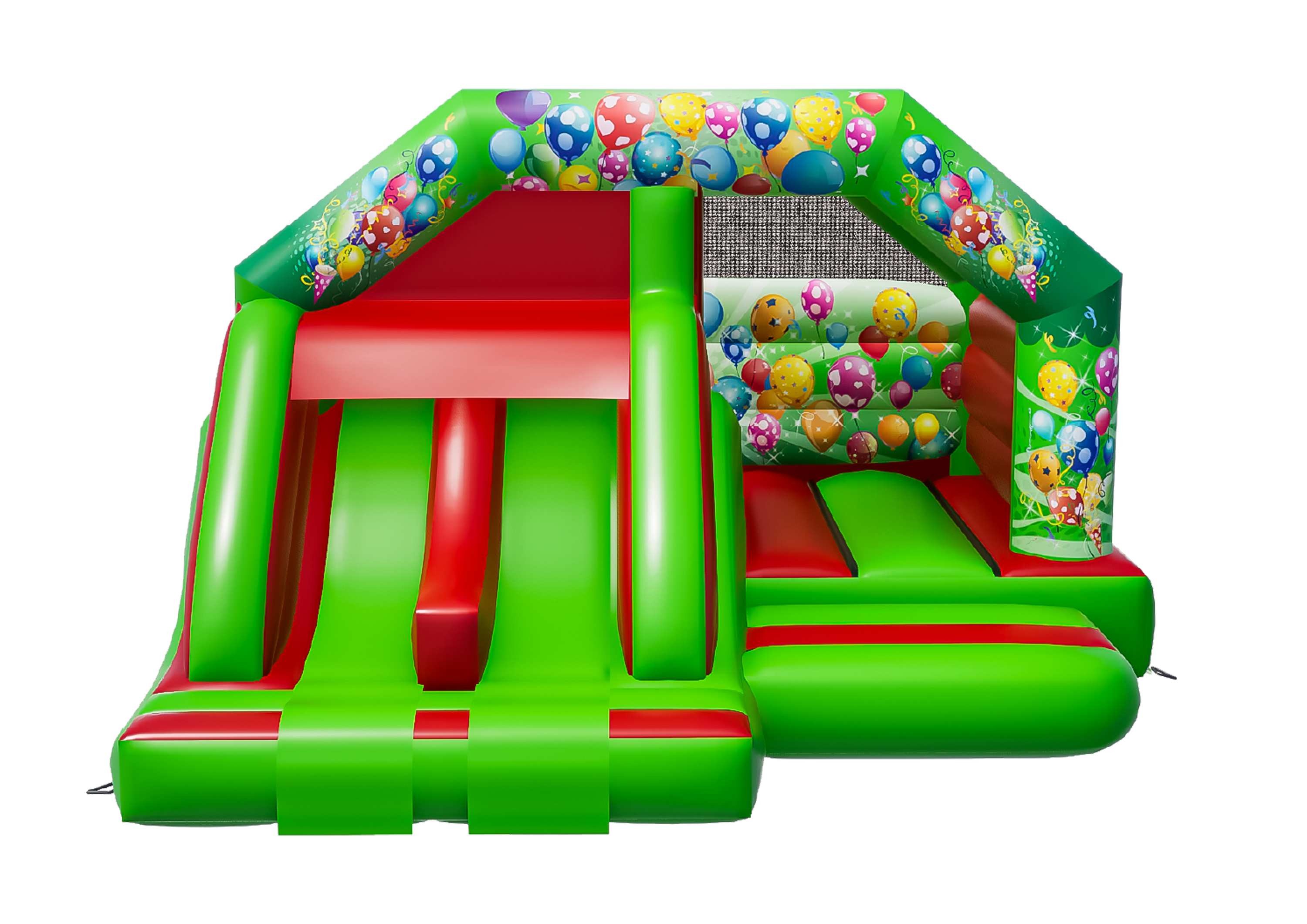 Airquee green and red inflatable party bouncy castle with twin front slides and colourful balloon artwork