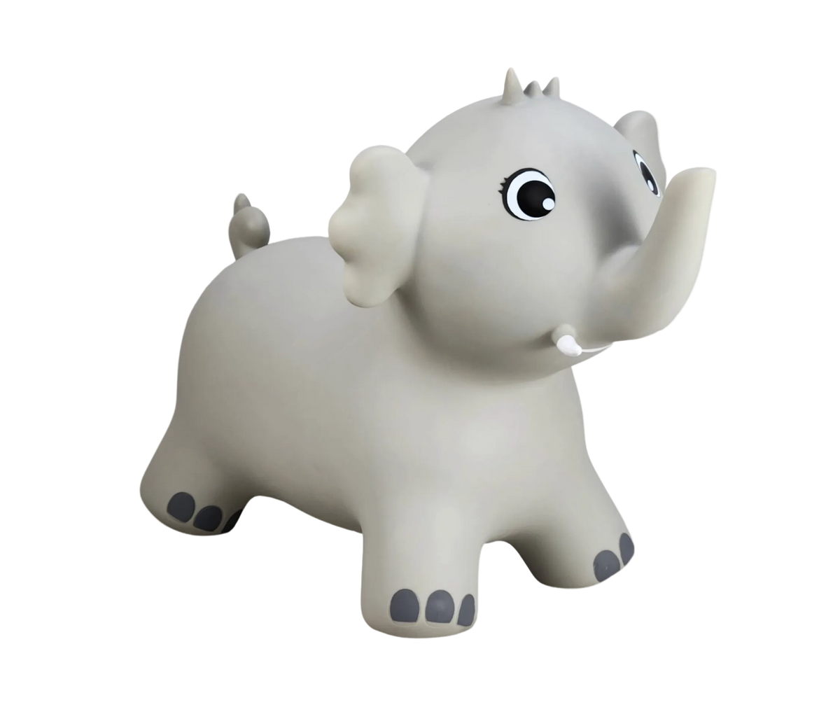 Airquee grey elephant Happy Hopperz inflatable ride-on toy for toddlers with easy-grip ears for active play.