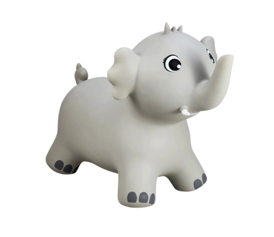 Airquee grey elephant Happy Hopperz inflatable ride-on toy for toddlers with easy-grip ears for active play.