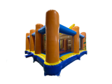 Airquee Hawaiian Multiplay inflatable bouncy castle with orange pillars, blue base, and tropical surf-themed artwork.