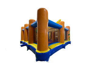 Airquee Hawaiian Multiplay inflatable bouncy castle with orange pillars, blue base, and tropical surf-themed artwork.