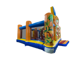 Airquee Hawaiian multiplay inflatable bouncy castle with tropical palm tree artwork, slide, and biff bash obstacles.