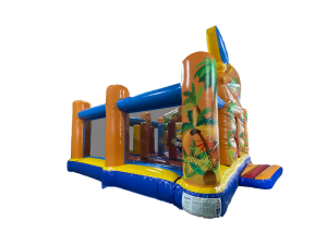 Airquee Hawaiian multiplay inflatable bouncy castle with tropical palm tree artwork, slide, and biff bash obstacles.