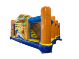 Airquee Hawaiian multiplay inflatable bouncy castle with surf-themed artwork, integrated slide, and mesh side panels.