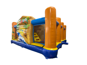 Airquee Hawaiian multiplay inflatable bouncy castle with surf-themed artwork, integrated slide, and mesh side panels.
