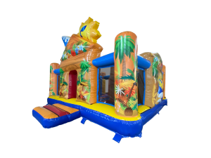 Airquee Hawaiian themed multiplay bouncy castle with tropical palm tree artwork, surf shack entrance, and integrated slide.