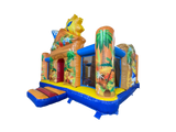 Airquee Hawaiian themed multiplay bouncy castle with tropical palm tree artwork, surf shack entrance, and integrated slide.