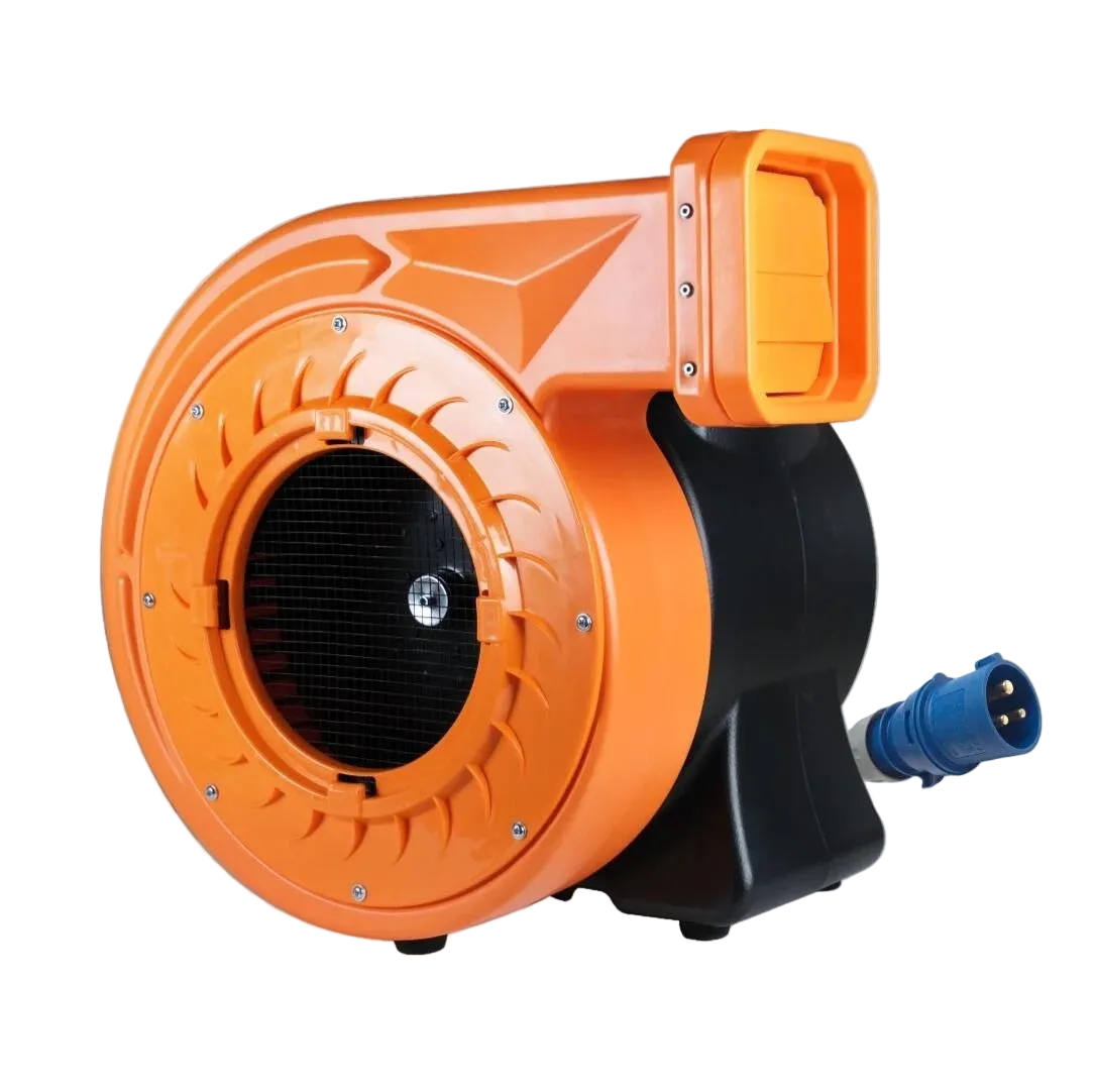 Airquee Huawei REH 1.5HP-REV orange and black commercial air blower for bouncy castles and inflatables.