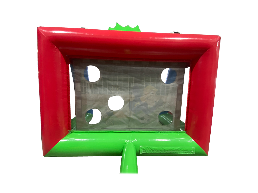 Airquee 3D Football Shootout inflatable game with a red and green frame and target holes for shooting practice.