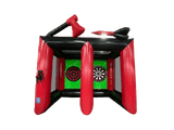Airquee 2 in 1 inflatable sports game featuring an axe throwing target and giant dartboard in red, black, and green.