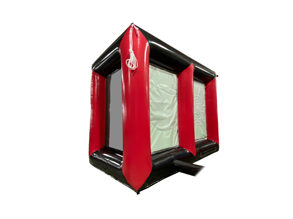 Airquee 2 in 1 inflatable sports game featuring a red and black PVC frame for axe throwing and dartboard challenges.