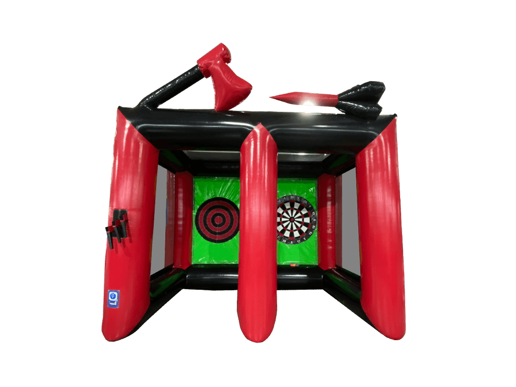 Airquee 2 in 1 inflatable sports game featuring an axe throwing target and giant dartboard in red, black, and green.