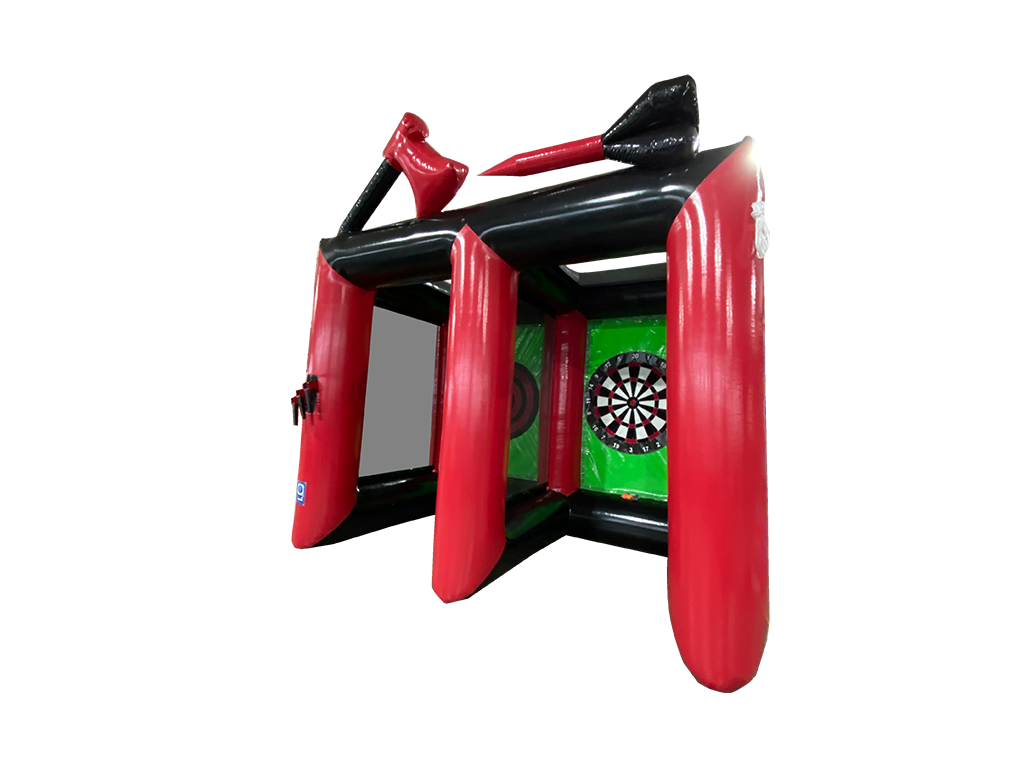 Airquee 2 in 1 inflatable sports game featuring a red and black axe throwing and giant dartboard target arena.