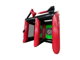 Airquee 2 in 1 inflatable sports game featuring a red and black axe throwing and giant dartboard target arena.