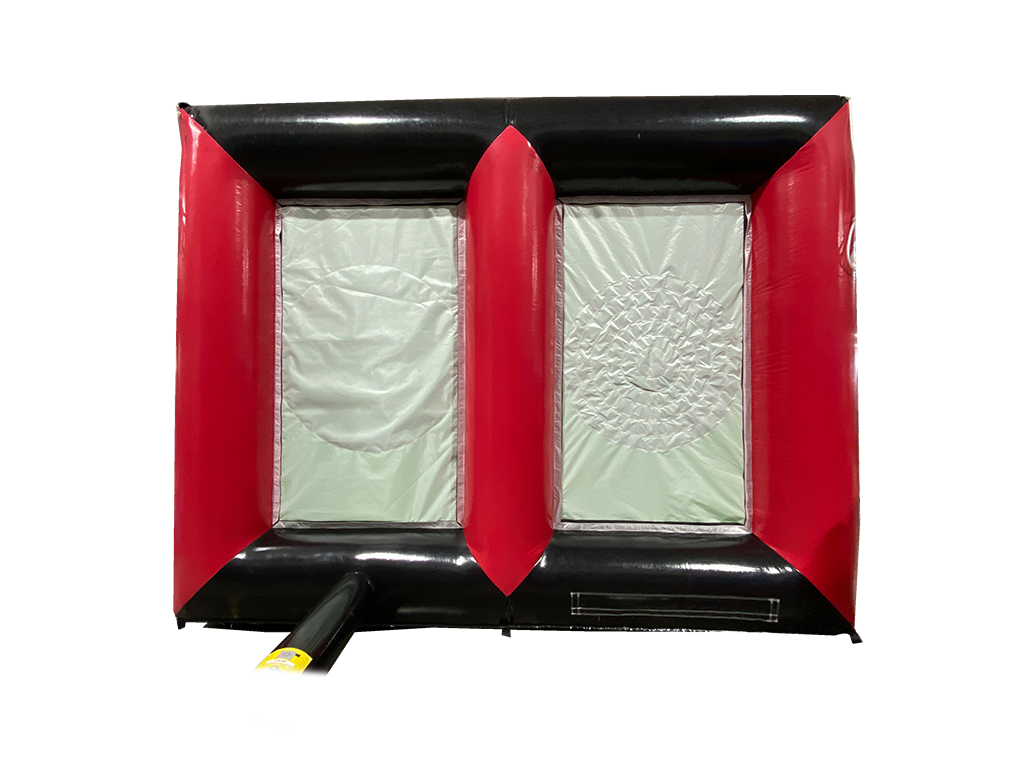 Airquee 2 in 1 inflatable sports game with red and black PVC frame featuring axe throwing and dartboard targets