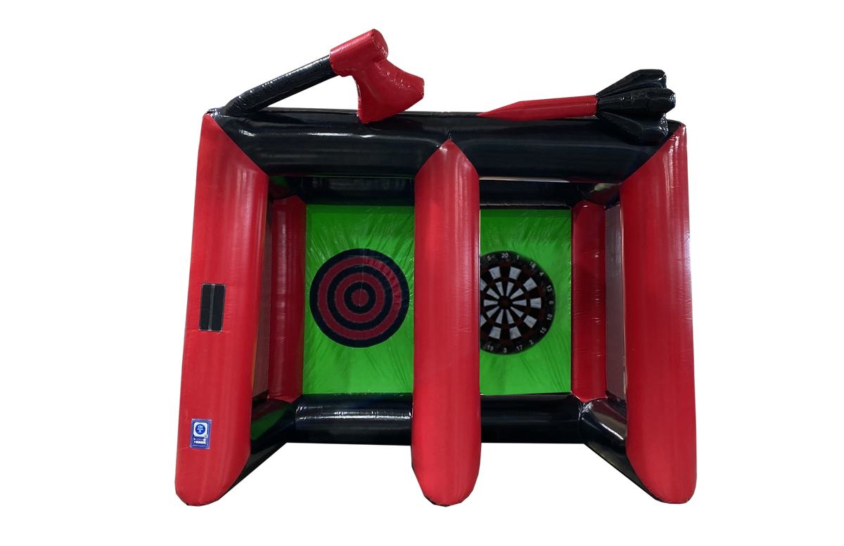 Airquee 2 in 1 inflatable sports game featuring an axe throwing target and a giant dartboard for events.