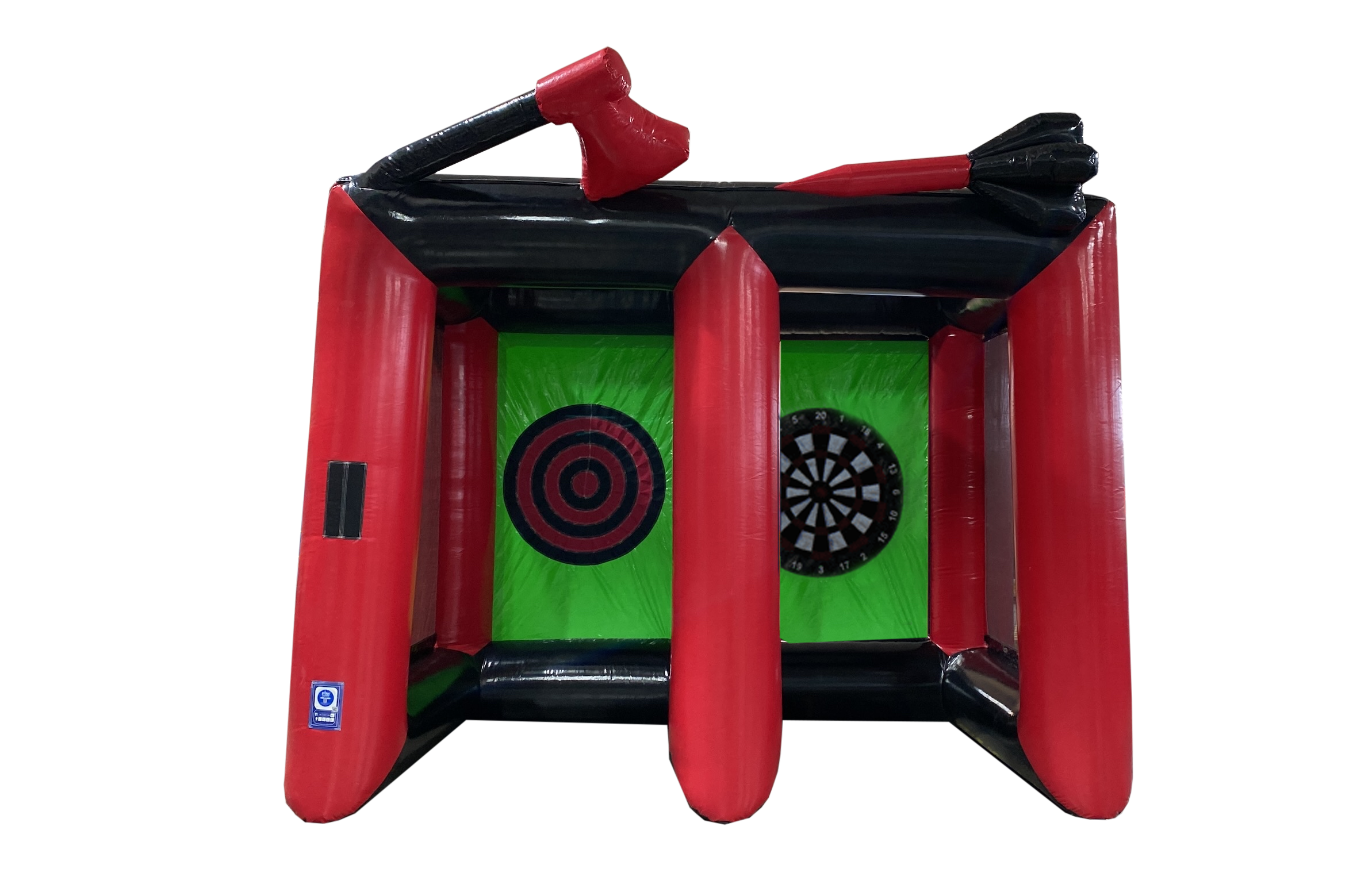 Airquee 2 in 1 inflatable sports game featuring an axe throwing target and a giant dartboard for events.