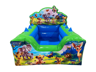 Airquee Baby Jungle high back inflatable ball pool with vibrant animal graphics and six integrated air jugglers