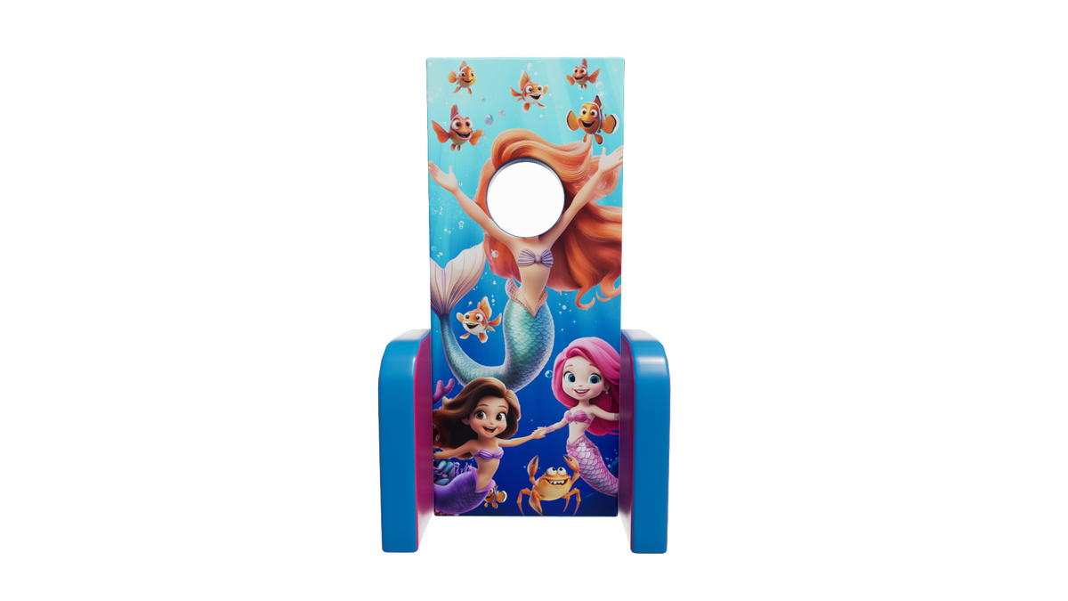 Airquee Mermaid Peek A Boo Board with vibrant underwater graphics, face cutout, and durable PVC stand for kids events.