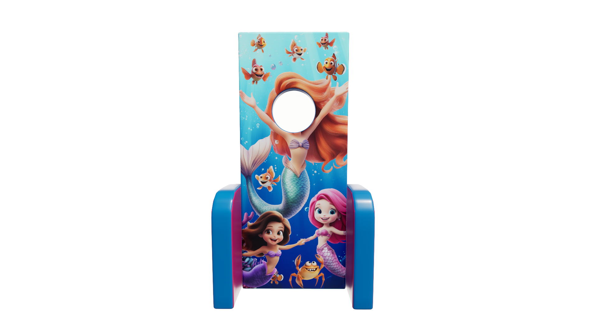 Airquee Mermaid Peek A Boo Board with vibrant underwater graphics, face cutout, and durable PVC stand for kids events.