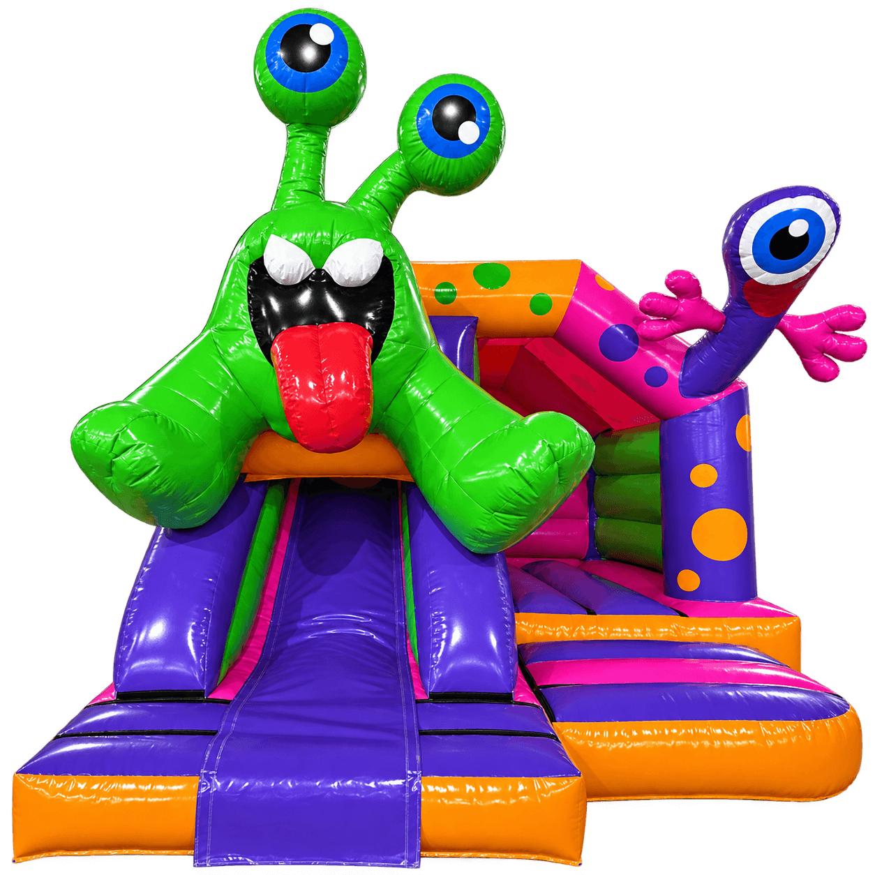 Airquee 5x4m Monster themed inflatable bouncy castle with integrated front slide, vibrant green, purple, and orange PVC