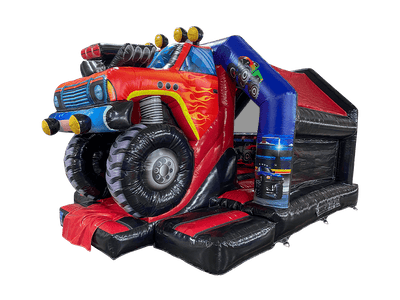 Airquee red and black monster truck themed inflatable bouncy castle with a central front slide and 3D truck design.