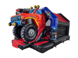 Airquee red and black monster truck themed inflatable bouncy castle with a central front slide and 3D truck design.