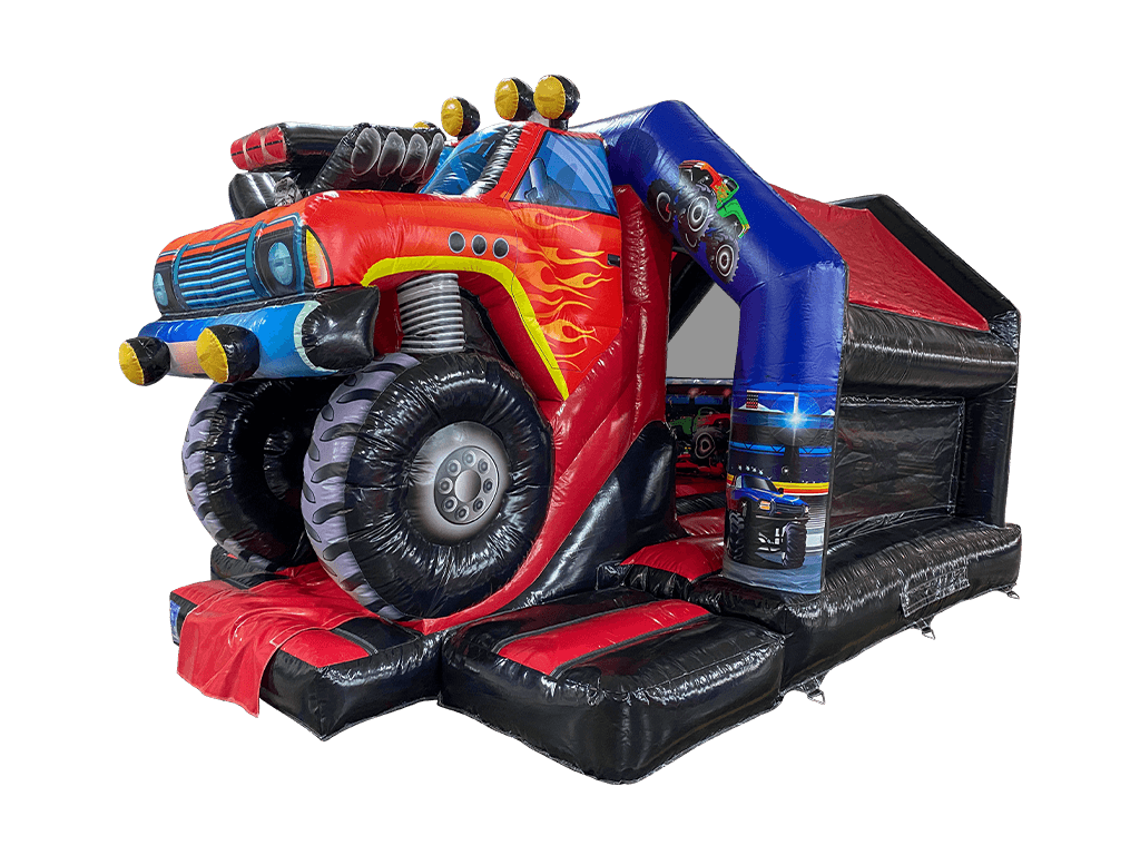 Airquee red and black monster truck themed inflatable bouncy castle with a central front slide and 3D truck design.