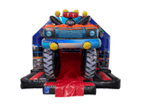 Airquee 3D monster truck inflatable bouncy castle with a central front slide, featuring vibrant red and black racing graphics.