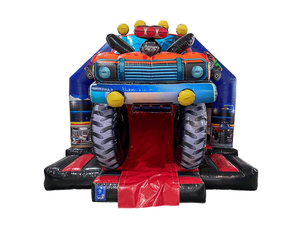 Airquee 3D monster truck inflatable bouncy castle with a central front slide, featuring vibrant red and black racing graphics.