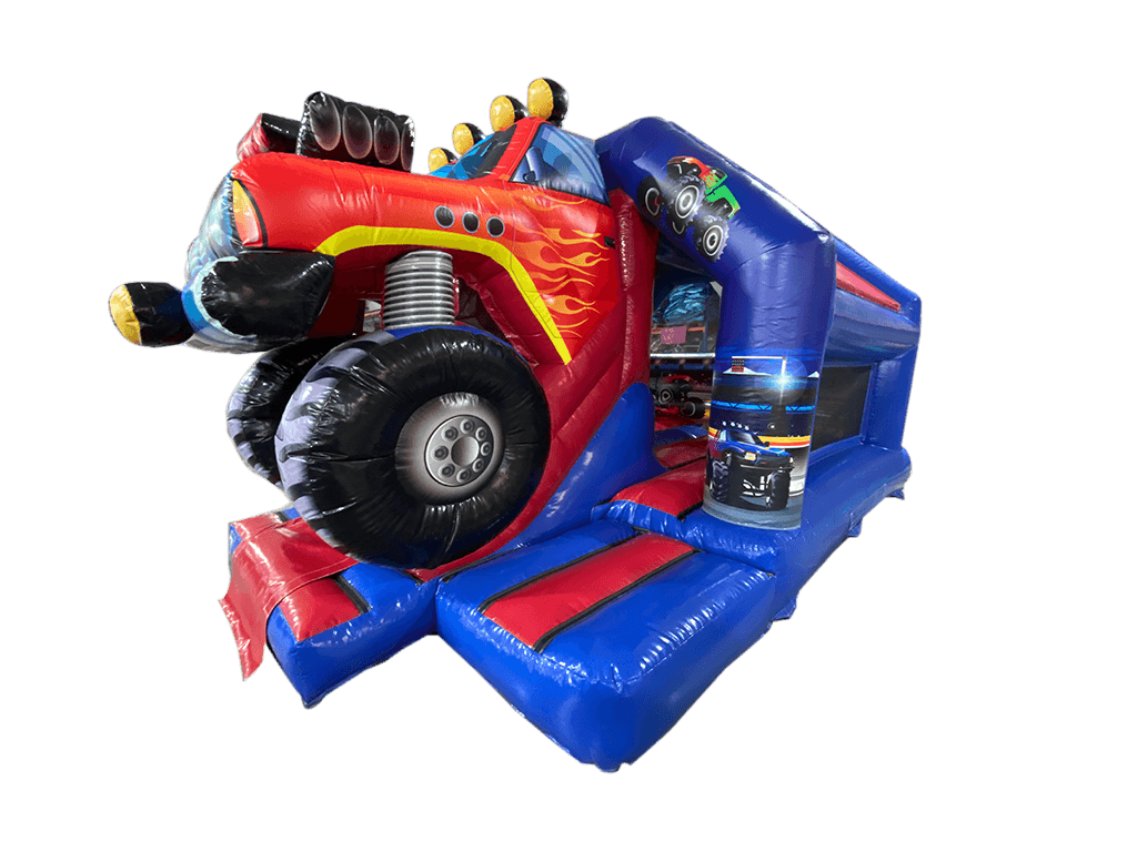 Airquee red and blue monster truck themed inflatable bouncy castle with a central front slide and 3D truck design.