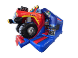Airquee red and blue monster truck themed inflatable bouncy castle with a central front slide and 3D truck design.