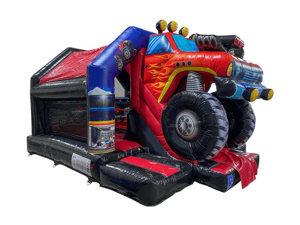 Airquee red and black monster truck themed inflatable bouncy castle with a central front slide and 3D truck design.