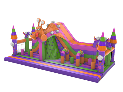 Airquee 6x13m Monsters Activity Centre with climbing wall, slide, and obstacles in bright green, orange, and purple.