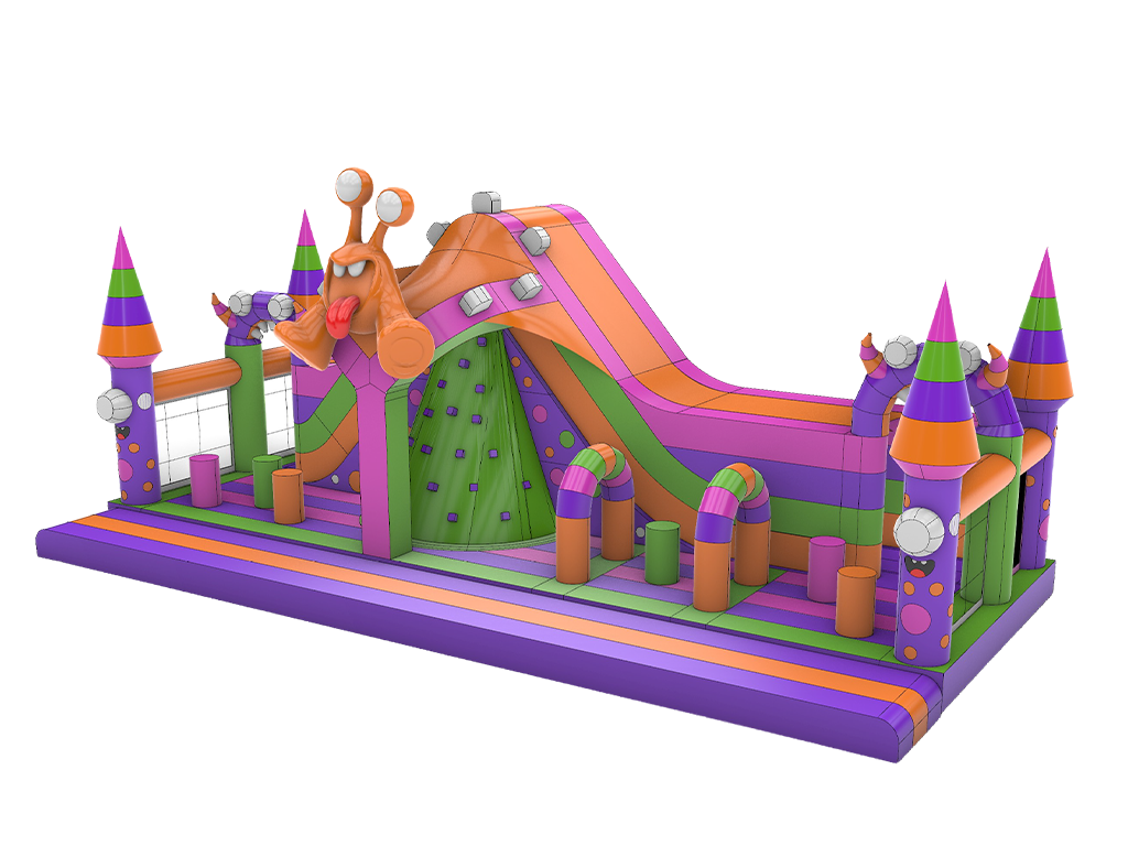 Airquee 6x13m Monsters Activity Centre with climbing wall, slide, and obstacles in bright green, orange, and purple.