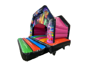 Airquee 15x15ft multicoloured disco A-frame bouncy castle with vibrant party artwork and speaker pocket compatibility.