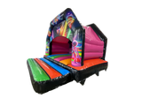 Airquee 15x15ft multicoloured disco A-frame bouncy castle with vibrant party artwork and speaker pocket compatibility.