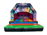 Airquee 15x15ft multicoloured disco-themed A-frame bouncy castle with vibrant party graphics and disco ball artwork.