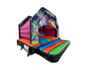 Airquee 15x15ft multicoloured disco A-frame bouncy castle with vibrant party graphics and speaker pocket compatibility.